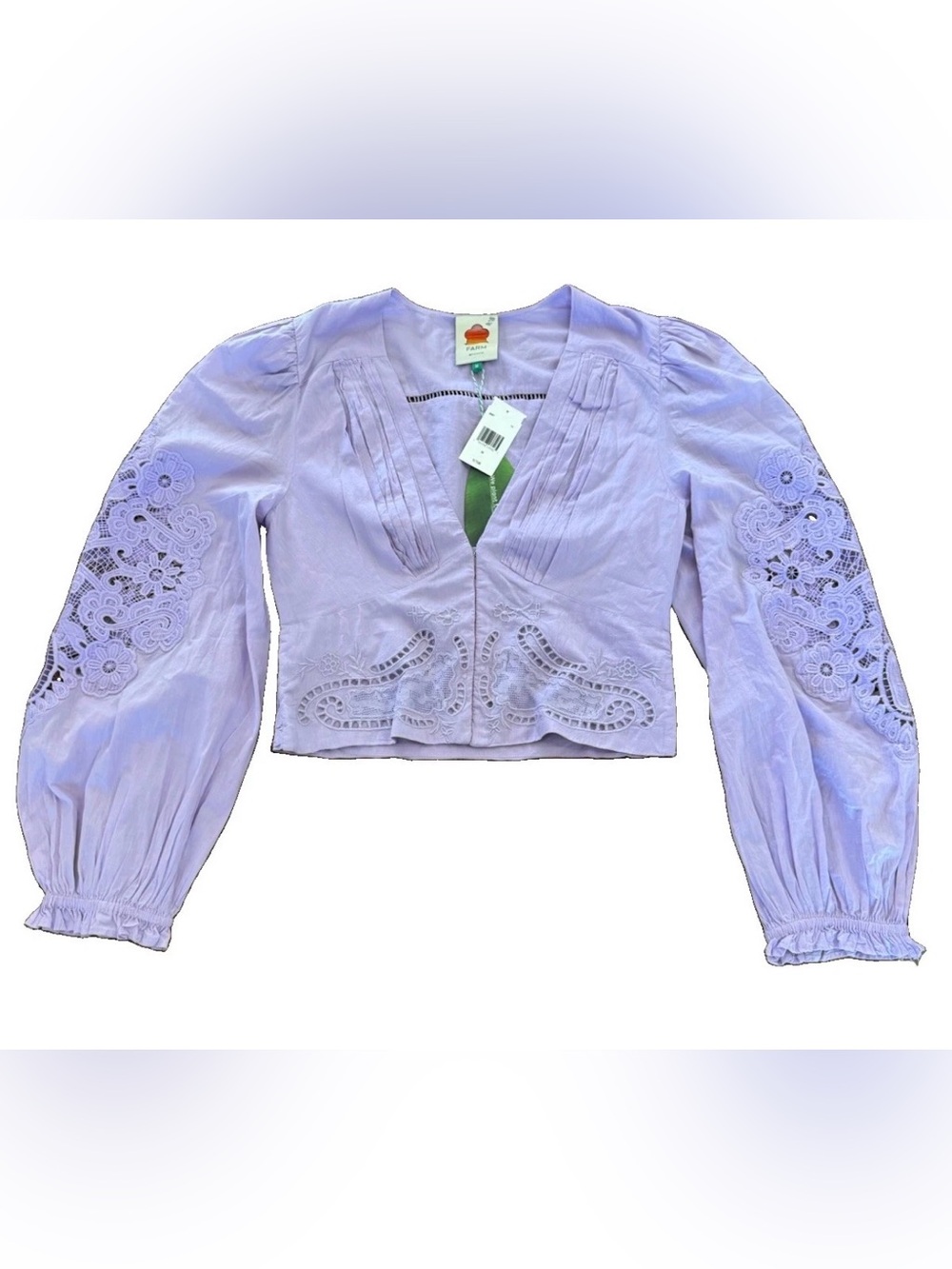 NWT FARM Rio Lilac Lace Blouse M $175 Embroidered Puff Sleeve Boho - Picture 2 of 14